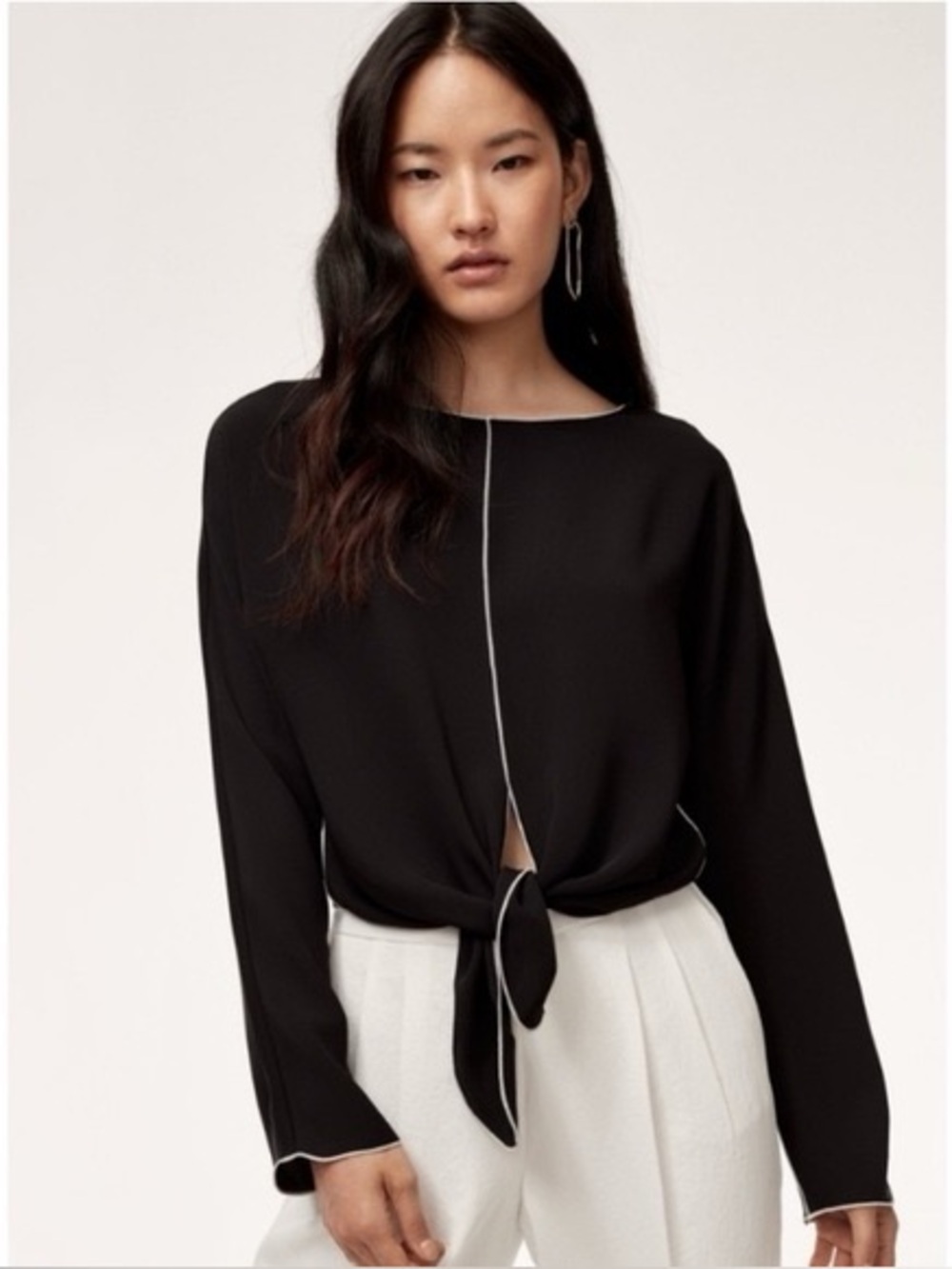 Aritzia Babaton Abasi tie front blouse black white medium bell sleeve classic